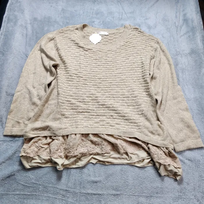 Simply Couture Sweater Women's 3XL Beige Textured Knit Lace Hem Layered Pullover - Front